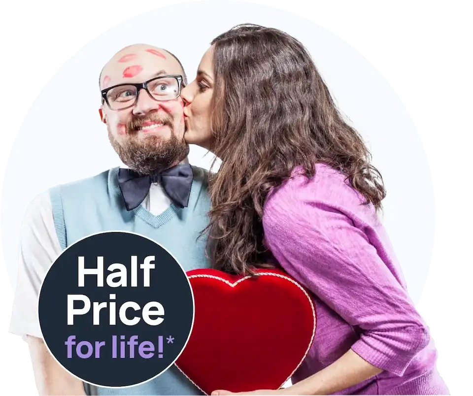 a woman kissing a man on his cheek