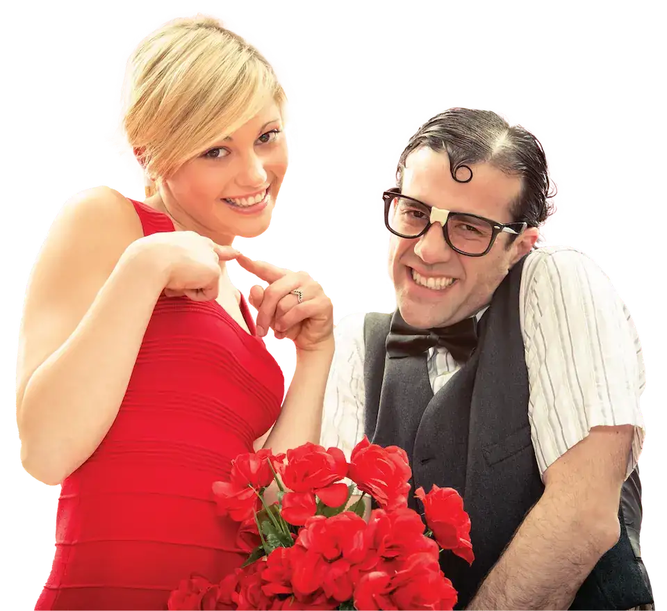 A candid picture of a woman and a man with red flowers